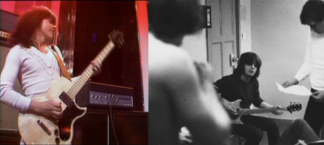 Left: guitar in original condition on TVshow Countdown. Right: Mal in band room with guitar after mods